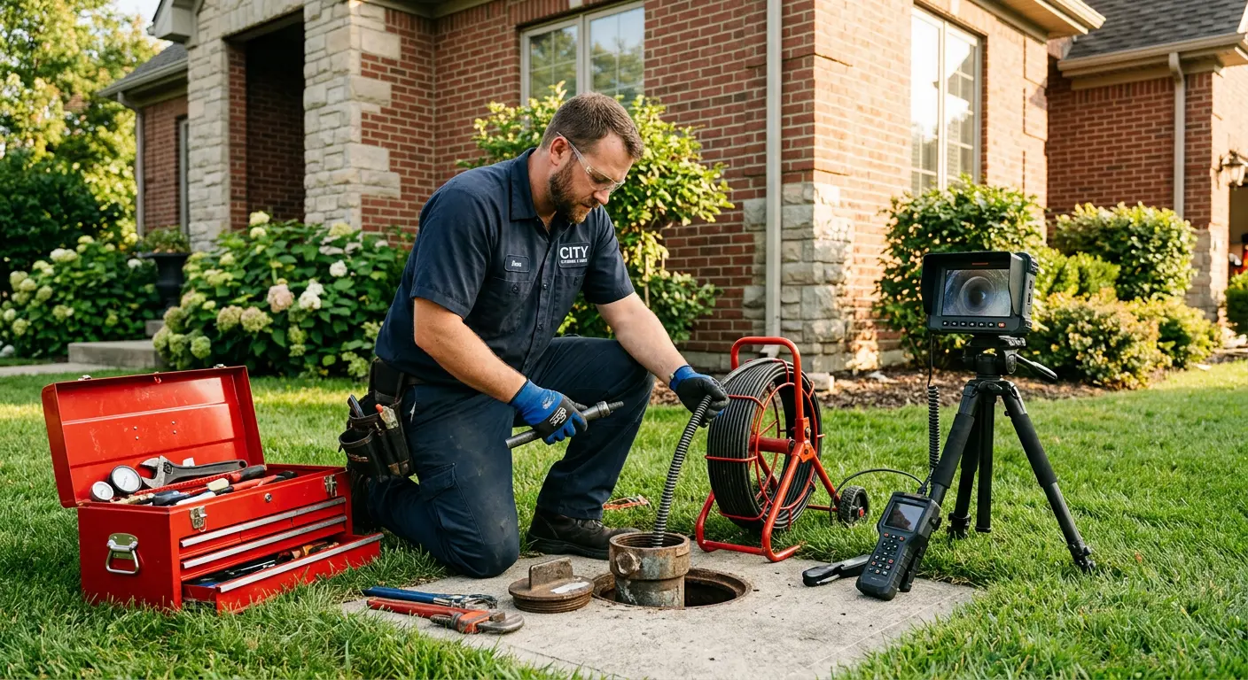 Sewer specialist with camera equipment servicing a cleanout in Inkster