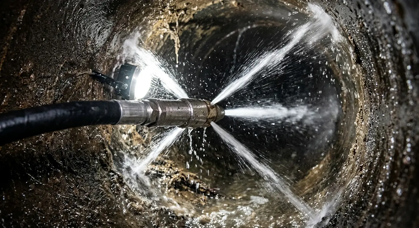 High-pressure hydro jetting nozzle cleaning sewer pipe for Emergency Drain Service in Inkster