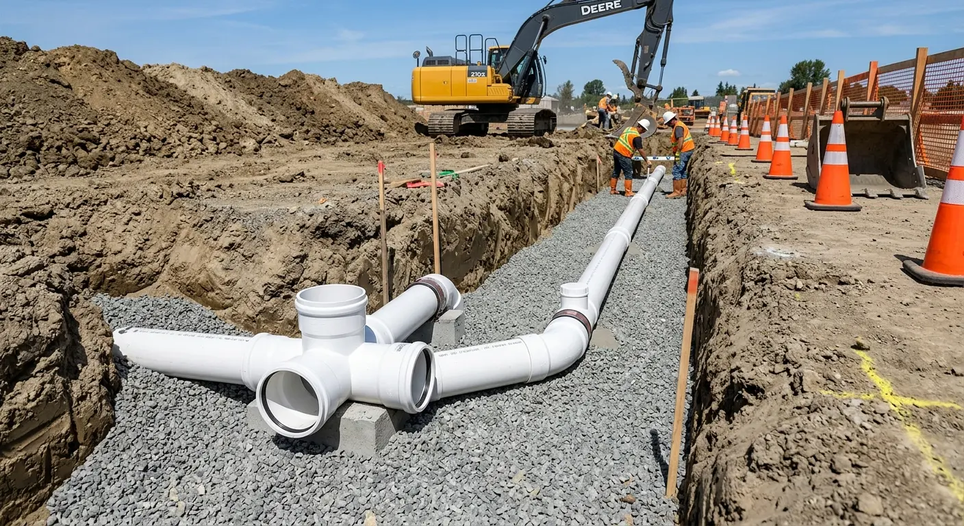 New PVC sewer pipe installation in open trench for Commercial Drain Cleaning in Inkster