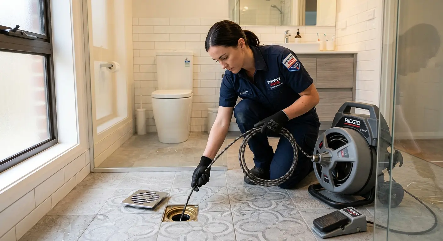 Technician clearing a bathroom floor drain for Hydro Jetting in Inkster